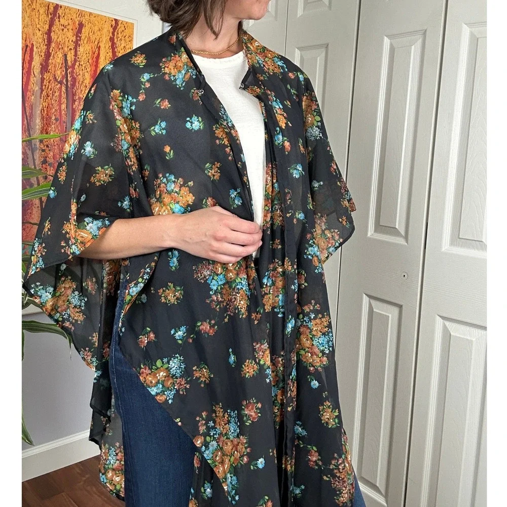 Floral Kimono Duster Sheer Lightweight Cover Up Bohemian Beach Black